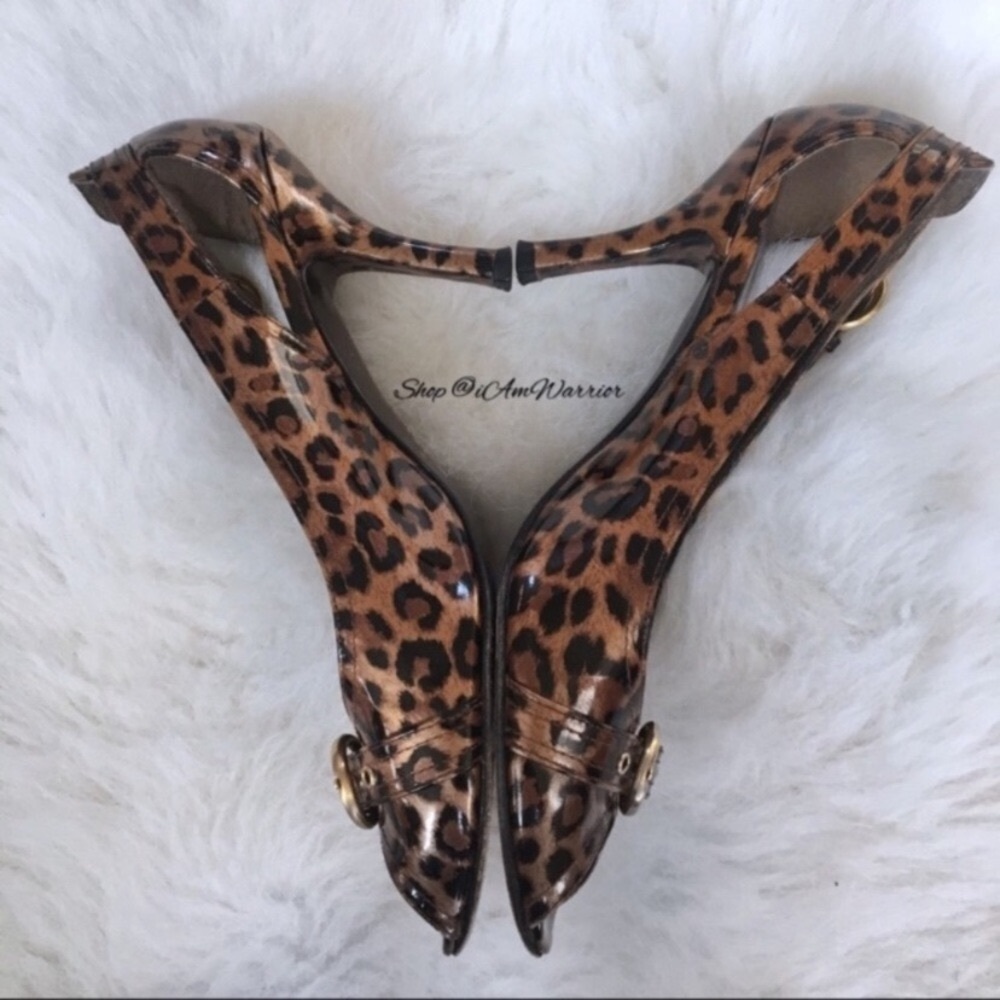 Stuart Weitzman leopard print buckle peeptoe heel… - image 5